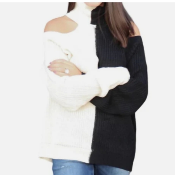 BIBI Color Block Mock Neck Sweater  With Cold Shoulder Women's L lvory Black NWT - Picture 2 of 10